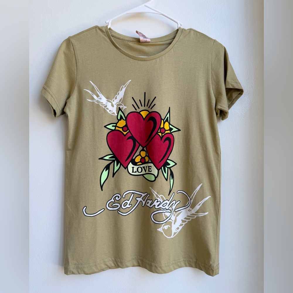 Ed Hardy Kids Girls Tee Size 8/10 Olive Green Heart Love Graphic Shirt New